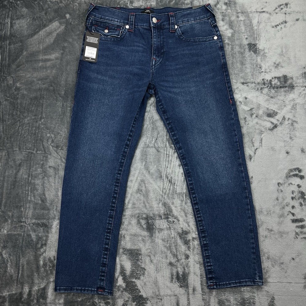 NWT True Religion Dark Blue Red Stitch 34X30 Geno Relaxed Big T Flap $204 new